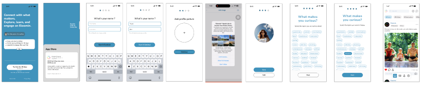 Subscription, sign-up, profile and interest screens