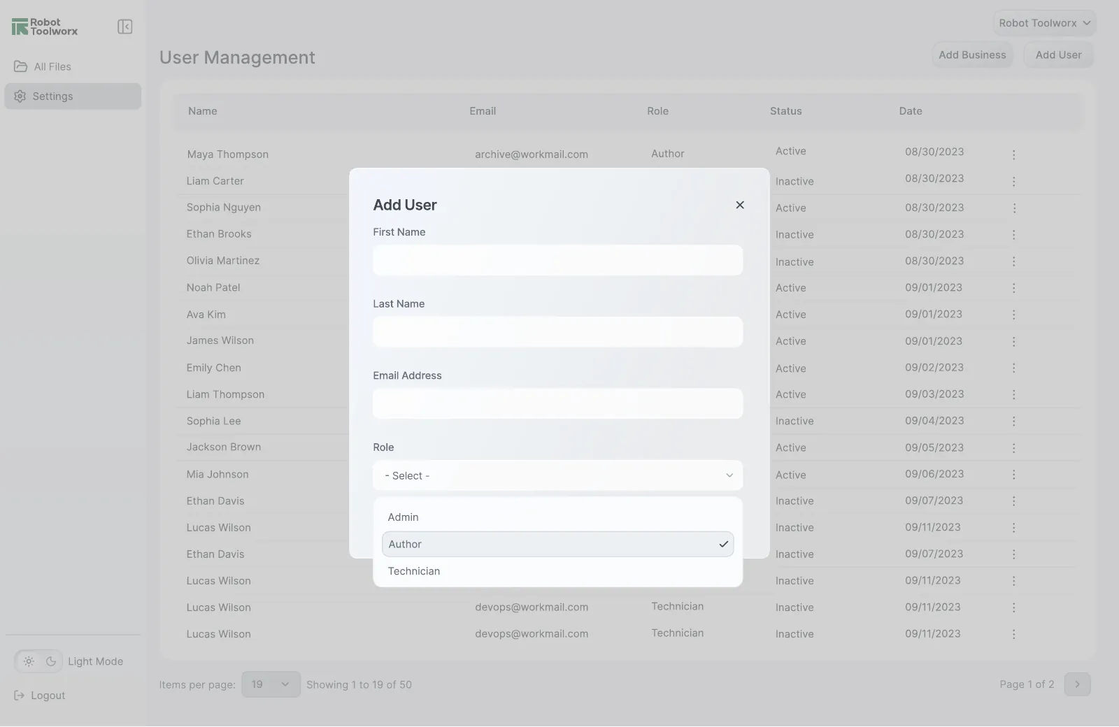 Add User dialog with role dropdown showing Admin, Author and Technician