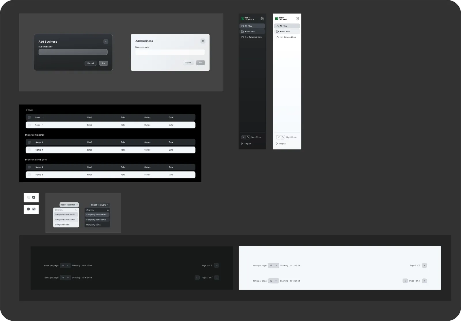 Component sheet with dialogs, table header states, navigation, checkboxes, company dropdown and pagination in light and dark