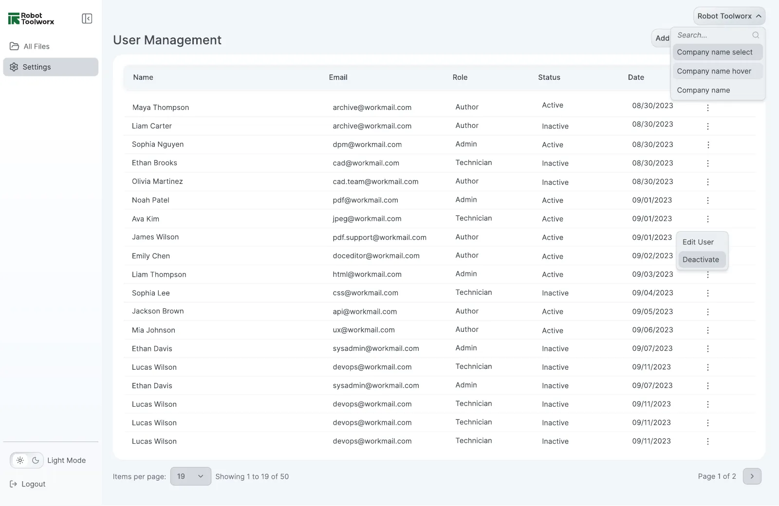 Super Admin company switcher dropdown with search