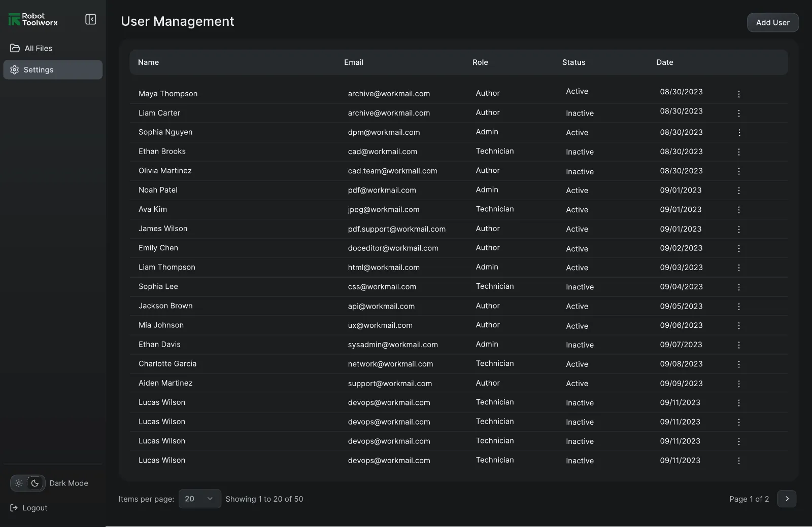 User management table in dark mode